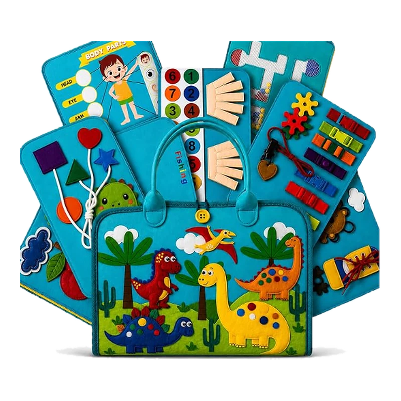 Busy Board Montessori ImaginJoy, versión Color 1: maletín con asa y diseño de dinosaurios, con sus páginas de actividades abiertas en abanico