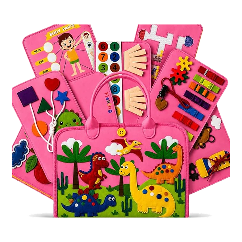 Busy Board Montessori ImaginJoy, versión Color 2 en rosa: maletín con asa y sus páginas de actividades abiertas en abanico