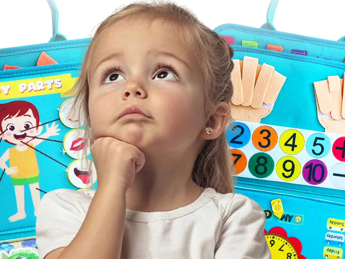 Niña pequeña pensativa con dos páginas de actividades del busy board ImaginJoy detrás